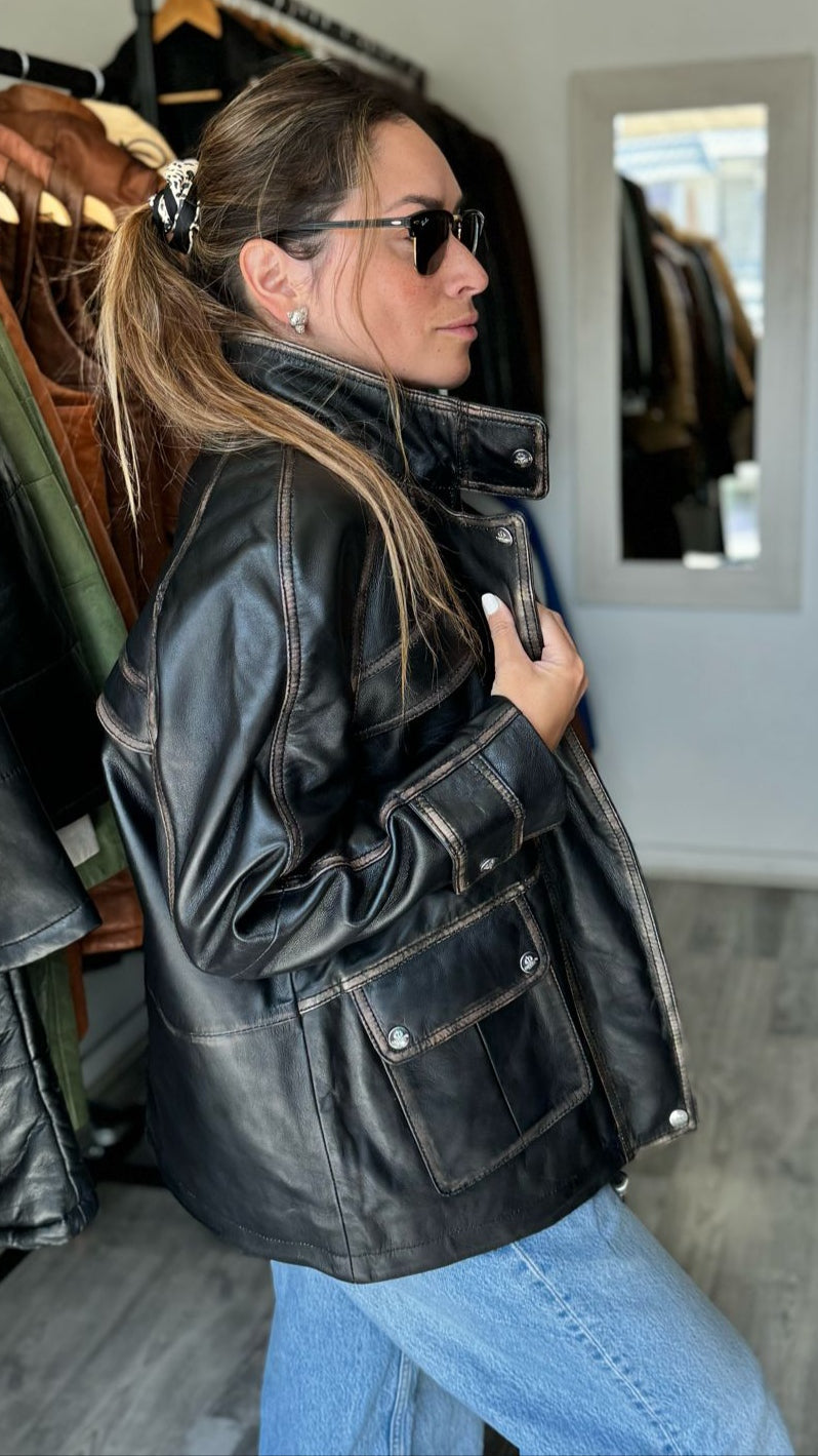 Manchester Oversize Leather Jacket Worn-Out Black 