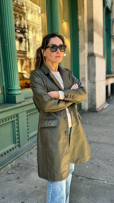 Finlandia Leather Trench Coat - Olive