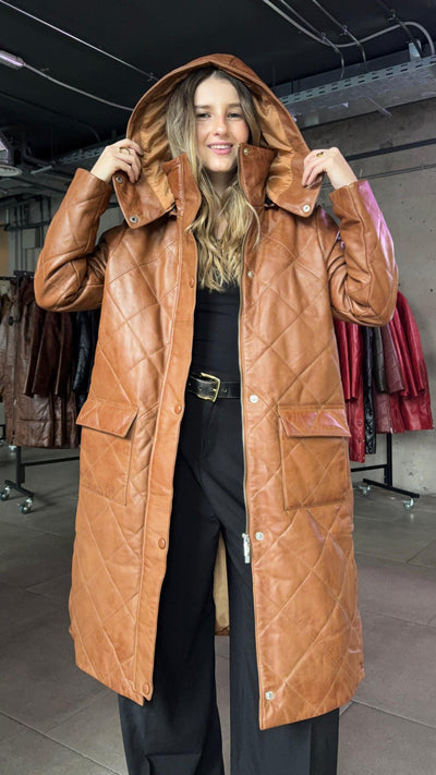 Busan Women's Long Padded Leather Coat  - Camel 