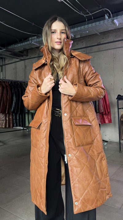 Busan Women's Long Padded Leather Coat  - Camel 