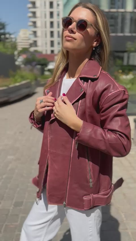 Calcuta Leather Oversize Jacket Worn-out Burgundy 